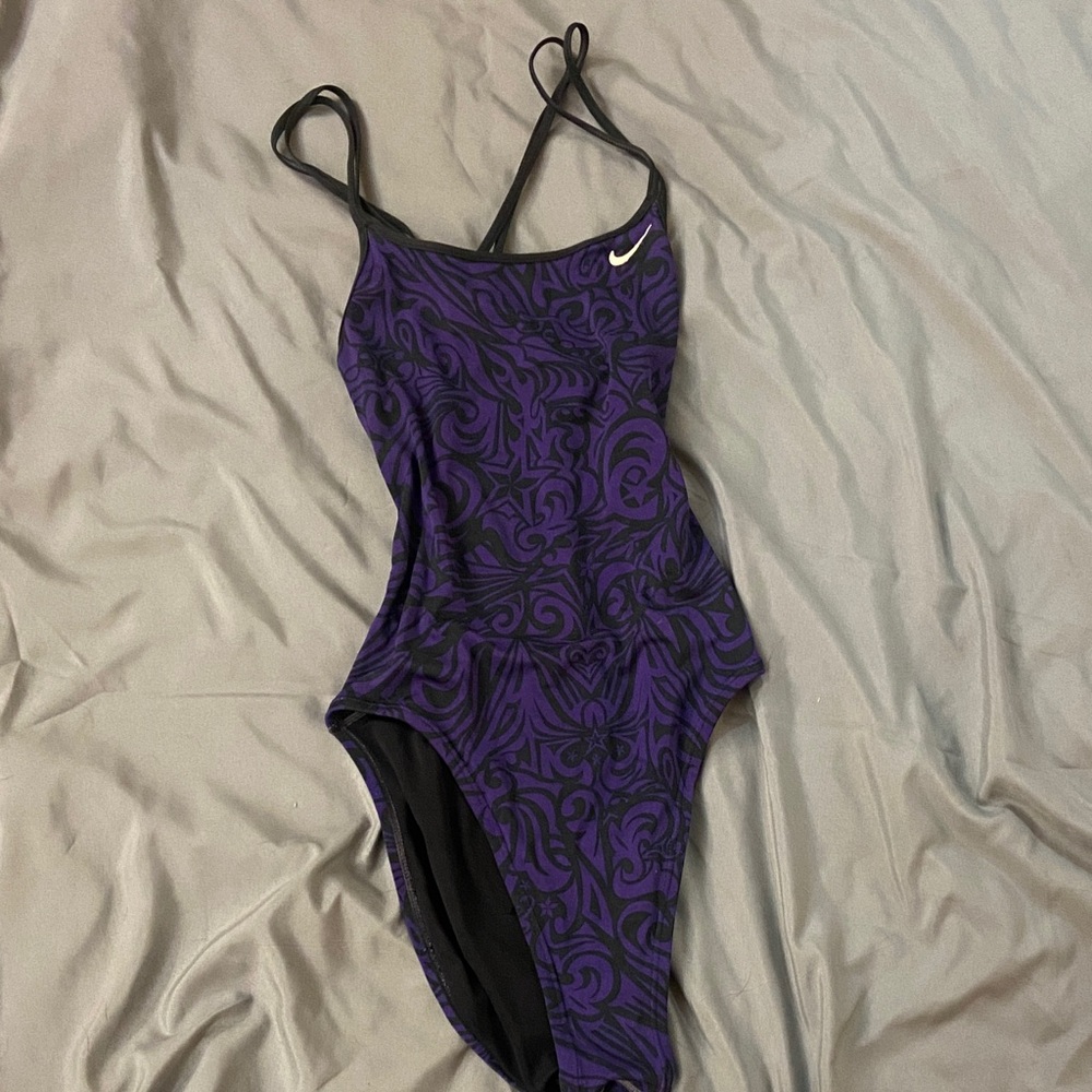 Nike Women's Black and Purple One-Piece Swimsuit